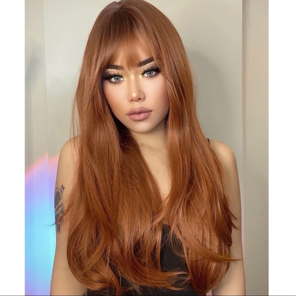 Long Auburn Copper Ginger Curly Wig with Bangs